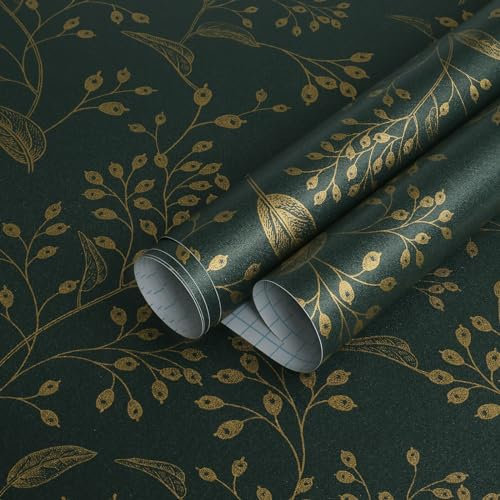 Heroad Tapete zum Abziehen und Aufkleben, 998,2 x 43,9 cm, dunkelgrüne und goldene Tapete, Boho-Tapete, zum Abziehen und Aufkleben, Blumenmuster, Kontaktpapier, Blätter, abnehmbare Tapete,