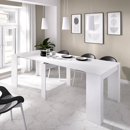 DMORA - Consolle allungabile Cognolo, Tavolo da pranzo multiuso, Consolle estensibile multiposizione con porta allunghe incluso, 54/239x90h77 cm, Bianco lucido