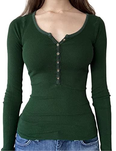 FeMereina Women's Long Sleeve Button Down V Neck Slim Fitted T Shirts Fall Casual Ribbed Knit Basic Tee Tops Tunic Sweater Henley Shirts (Green, S)
