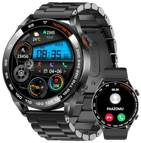 Reloj Inteligente para Hombre para Android iOS, Llamada Bluetooth con Monitor de frecuencia cardíaca/sueño, Pantalla táctil Completa de 1.44 Pulgadas, IP67, Impermeable, Acero Inoxidable, rastreador