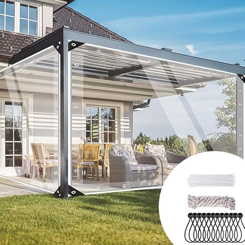 Jianyana Plane transparent mit ösen, 420g/m² PVC abdeckplane wasserdicht wetterschutzplane transparent planen nach maß mit 20 Kabelbindern, 12 schwarzen Ballseilen, 10m Befestigungsseil 3 × 6 m