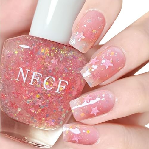 Glitter Nail Polish - Shiny Star Pink Nail Varnish - Shimmering Quick-Drying Nail Paint - Summer Color No Need Cure 7 Days Lasting (Glitter Pink Star)