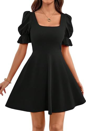 GORGLITTER Women's Summer Square Neck A Line Mini Dress Puff Sleeve Plain Elegant Casual Skater Dresses Black L