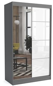Brent - Kleiderschrank mit Spiegel Suzan, 120cm Breit, Schlafzimmerschrank mit 1 Kleiderstange und Einlegeböden für Kleidung, Kleiderschrank Grau Matt/Weiß Hochglanz