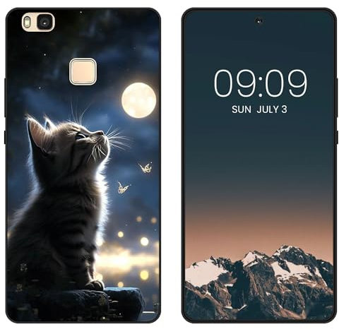 WUACYEAMING per Huawei P9 lite Cover,antiurto in silicone TPU morbido antiscivolo custodia protettiva con motivo dipinto nero Carino Moda Protezione Case-La Luna e il Gatto