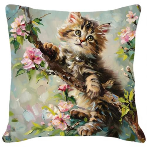 MAFANG 11CT Stickset Kissenbezug Stickset „Kätzchen Auf Baum“ Für Erwachsene,Anfänger,Kreuzstichkissen/Stickkissen-Set A 45x45cm