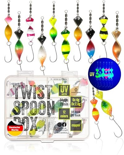 ANGELHERZ® Forellenköder - Twister Spoons Forelle | 12er Set mit 6x4g & 6x2.8g extrem fängige Forellen Köder in 12 UV aktiven Farben. EIN Angelköder zum Blinker Angeln, Spinner Angeln.