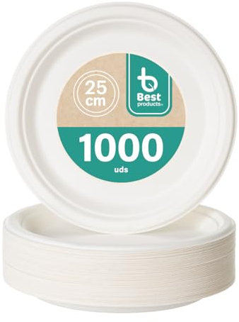 BEST PRODUCTS 1000 Platos Caña de Azúcar Desechables Ecológicos Biodegradables Compostables y Reciclables Para Fiestas Cumpleaños Comuniones Redondos Llanos Ø 25 cm