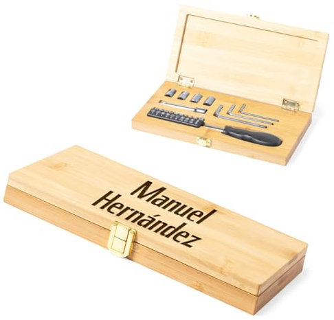 Planetacase - Caja de Herramientas Personalizada - Set de Herramientas Personalizado con Nombre - Destonillador, Puntas, Llaves Allen y de Tubo - Caja de Madera - Regalo personalizable - Bricolaje.