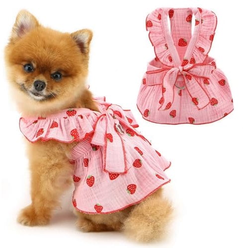 PAIDEFUL Dog Dress Clothes,Cute Strawberry Pet Dresses for Small Dog Girls Summer Puppy Strap Soft Breathable Doggie Vest Skirt with D-ring Bow Cat Princess Outfits Chihuahua Costume,Pink,M