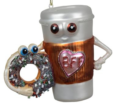 Christbaumschmuck Kaffee & Donut Glas 10cm - Figur zum Aufhängen - mit Glitzer - Weihnachtsbaum Anhänger für Weihnachten - Christbaumanhänger & Weihnachtsbaumschmuck - Essen Freunde Braun Weiß