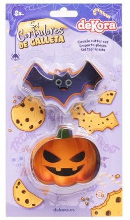 dekora – Set di Formine per Biscotti di Halloween – 2 Stampi in Metallo a Forma di Zucca e Pipistrello – Ideali per Dolci, Pane e Decorazioni Halloween dimensioni da 6 a 9 cm