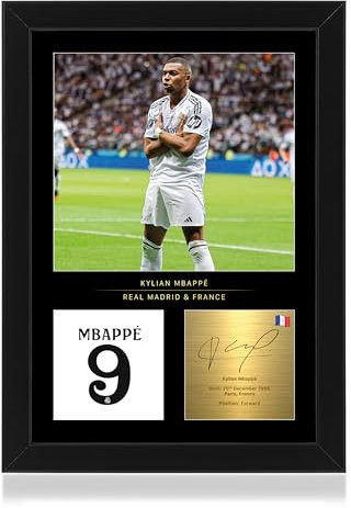 WIN FC Photo encadrée Kylian Mbappe A4 – Signature numérique reproduite – Cadeau pour les fans du Real Madrid