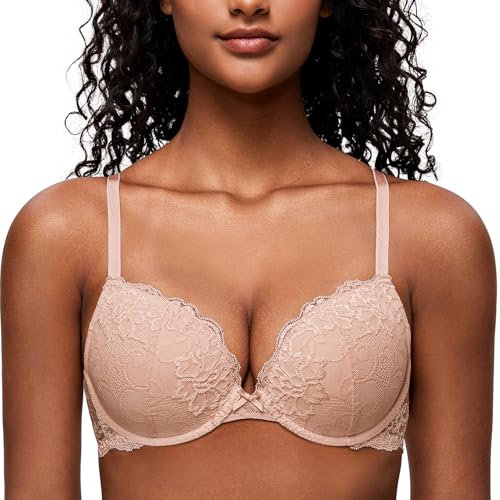 Deyllo Women's Push Up Lace Bra Sexy Deep V Lift Up Bra Underwire Padded Comfort Everyday Bra(Pink Nude,32A)