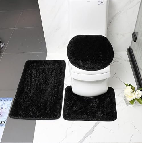 Juego de 3 alfombras de baño de microfibra suave, antideslizante, funda de asiento de inodoro de felpa esponjosa para baño, tapete de baño absorbente de agua, lavable a máquina (negro)