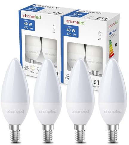 ehomeled E14 LED Kerzenlampe Kaltweiß (6500K), 470 Lumen 3,4W (=40W), Energiesparende LED Glühbirne, Ideal für Kronleuchter, 4er-Pack