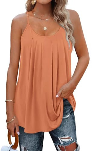 SENBATU Débardeur Femme Bretelles Spaghetti sans Manches Hauts D'été Femme Plissé Col Rond Chemisier Uni Rose Corail XX-Large 2XL 50-52