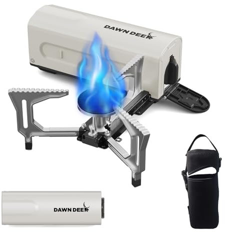 Dawn Deer Réchaud à cassette portable avec sac de rangement délicat, réchaud de camping pliable, réchaud de camping compact, brûleur à gaz butane pliable de 2200 W, blanc