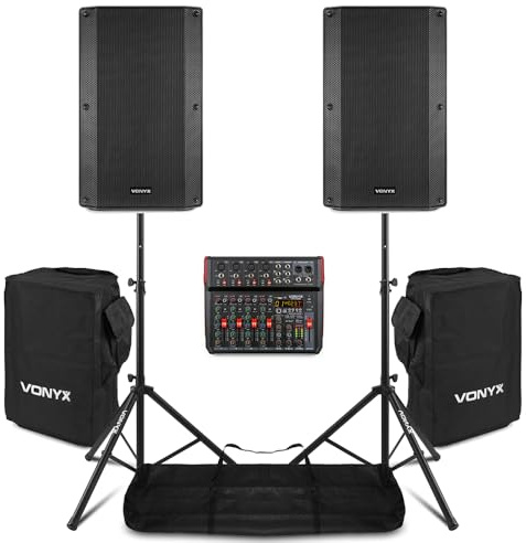 VONYX VSA120S 12-Inch Active PA System with 8-Channel PA Mixer, Bluetooth, DSP Effects, Speaker Stands, Protective Carry Bags and XLR Cables - 800W Professional DJ Speaker Kit