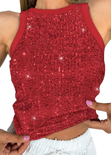 Naimo Damen Glitzer Pailletten Tank Top Ärmellos Rundhals Bluse Sparkle Sexy Weste Party Club Oberteile