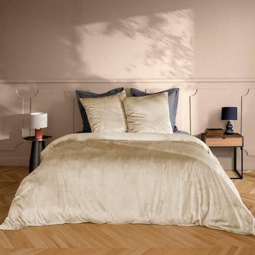 Douceur d'Intérieur, Bettwäsche, 3-teilig (240 x 220 cm) Velina Sand, Velours, einfarbig,