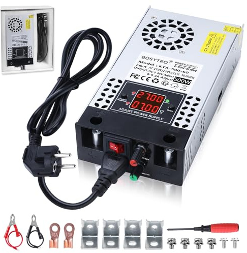 BOSYTRO Upgraded Alimentatore regolabile 0-60V 0-8.3A 500W, trasformatore 5v 12v 24v 60v Alimentatore switching per strisce LED, CCTV, stampanti 3D, radio, telecamera