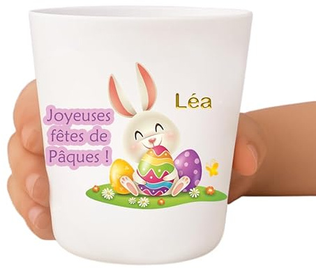 Tendance Cadeau Gobelet enfant personnalisé – Incassable et sans BPA – Prénom + illustration – Résistant aux chocs – Crèche, école, maison – 236 ml (Pâques)