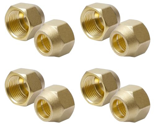 Sxutop 8 Stück Messing Bördelmuttern Bördelüberwurfmutter 1/2 Zoll | Kältemuttern 1/2“,Split Bördelmutter Messing,Flare Nuss,Bördelkappe aus Messing,für Klimaanlage Wasser Gasleitung Matte