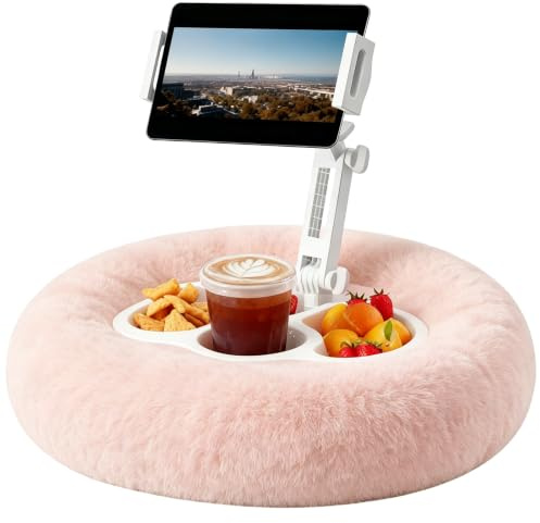 JAOGAUS Tablet Pillow Stand, Adjustable Kindle Holder for Reading | with 3 Snack Bowls, Compatable with 4.7-13 Phones Tablets Kindles Devices (Pink)