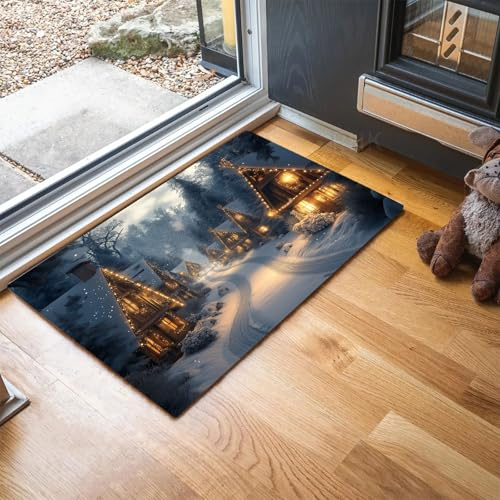 GDJSMIN Magisches Winterdorf Fußmatte, Schneehaus-Design, Waschbar rutschfest Schmutzfangmatte Eingangsbereich Für Innen Außen Dekor 45 x 75 cm