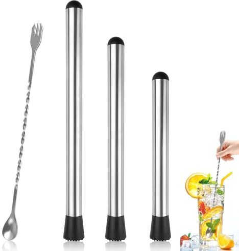 Stößel für Cocktails, 4 Stück, Edelstahl-Stößel und Löffel-Set, 20,3 cm, 25,4 cm, 30,5 cm, Stößel und langer Cocktail-Rührlöffel, Bar-Zubehör, Werkzeuge für Mojitos, Fruchtgetränke