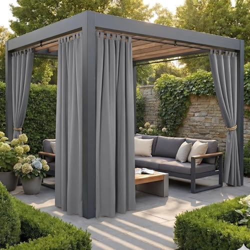 PONY DANCE Terrasse Vorhänge Outdoor Gardinen mit Abnehmbaren Schlaufen 4er Set H 213 x B 132 cm Outdoorvorhang Wasserdicht Sonnenschutz & Sichtschutz Vorhang Outdoor, Grau