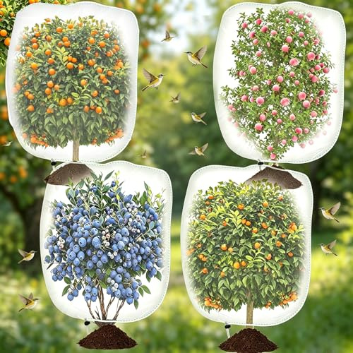 Vepazony 4PCS Fruit Tree Netting Bird Protection Bags, 1x1.5M 1x0.8M Cherry Plant Net with Drawstring Soft Protect Covers Bag Tomato Fine Mesh Plant Nets Garden Cover Kit Raspberry Protector
