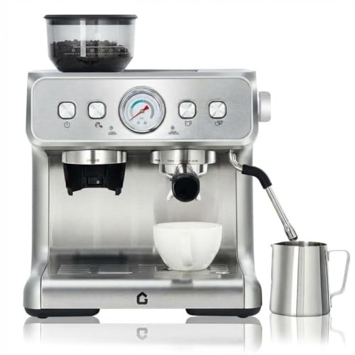 Máquina de café espresso semiautomática con 20 bares, molinillo con 30 ajustes, boquilla de vapor, depósito de 2,8 litros, calentamiento rápido y manómetro. Café profesional en casa
