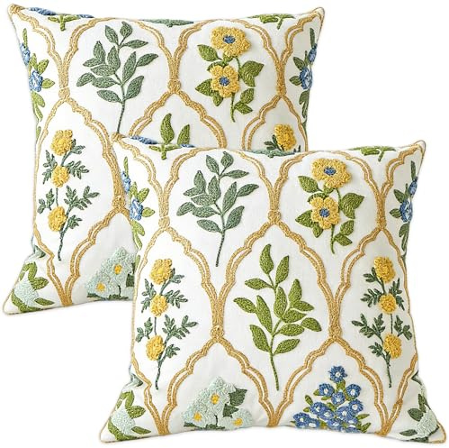 VEEKAY 2er Set 45x45cm Kissenbezug Bestickte,Stickerei Bunte Blumen Kissenhüllen,Zierkissenbezug,Dekokissen Kissenbezüge,für Sofa Schlafzimmer Couch Kissen