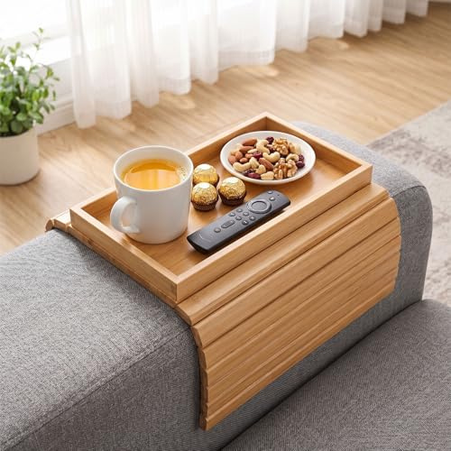 Sofatablett Armlehne aus Holz, Couch Tablett zum Einhängen, Sofaablage für Snacks, Getränke und Fernbedienung, Armlehnen Tablett Platzsparender Home Organizer für Sofa und Sessel