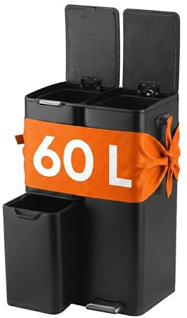 Relaxdays Mülleimer, 3 Fächer, 60 l, entnehmbare Inneneimer, schwarz | Softclose, Fußpedal, Edelstahl, Mülltrenner Küche