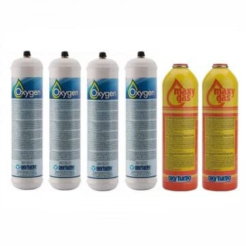 GASFRIGO® - 4 BOMBOLE OSSIGENO 930 ML. + 2 BOMBOLE MAXIGAS 350 GR. x SALDATURA TURBO SET 90-NON E' OSSIGENO MEDICALE