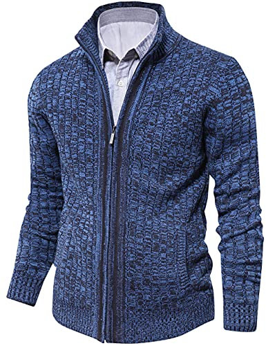AOLI RAY Herren Strickjacke Stehkragen Cardigan mit Reißverschluß und Taschen Feinstrike Pullover Blau Schwarz M