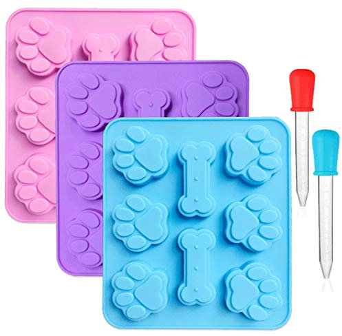 3 Pack Silicone Puppy Dog Paw & Bone Shaped Print 2 in 1 Molds with 2 Pcs Graduated Clear Liquid Droppers, 8-Cavity, Reusable Ice Candy Trays Chocolate Cookies Baking Pans Moulds - Pink, Blue, Purple