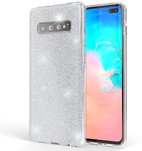 NALIA Hülle kompatibel mit Samsung Galaxy S10 Plus, Glitzer Handyhülle Ultra-Slim Silikon-Case Back-Cover Schutzhülle, Glitter Sparkle Handy-Tasche Bumper Dünnes Bling Strass Etui, Farbe:Silber