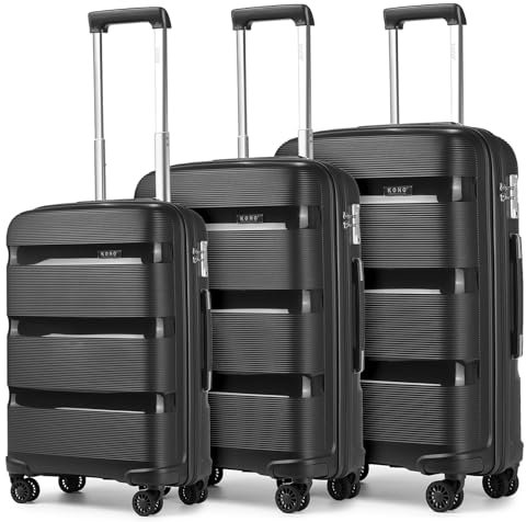Kono Set de 3 Pièces Valise de Voyage Rigide Valise Soute Avion en Polypropylène Légere Ensembles de Bagages 55/65/76cm à 4 roulettes avec Serrure TSA, Noir