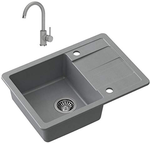 VBChome Spülbecken mit Armatur Grau 62 x 44 cm Granit Einzelbecken Einbauspüle Abtroffläche gesprenkelt reversibel Verbundspüle Küchenarmatur + Siphon + Spülmittelspender