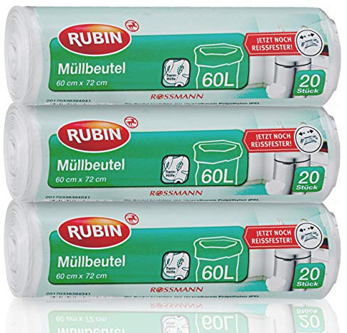 Sacs poubelle - 60 l - Particulièrement résistants à la déchirure - Lot de 3 - 60 pièces (3 x 20 pièces) - En polyéthylène recyclable