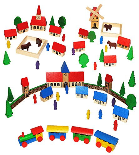 alles-meine.de GmbH 64 TLG. Set: Dorf mit Eisenbahn, Windmühle, Schule, Häuser & Bäume, Figuren und Zäune - aus Holz - Baukasten - Original Erzgebirge - ideal für Holzeisenbahn G..
