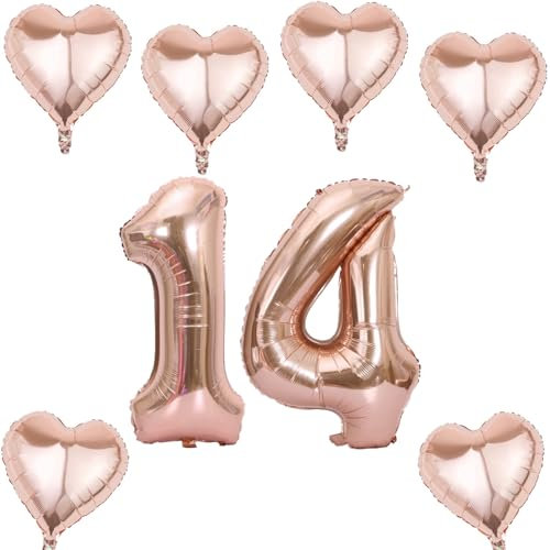 Roségold Zahlen Luftballon 14 +6 pcs herz Heliumballon 14. Geburtstag Deko für Mädchen,40 Roségold Riesen Folienballon 14 für 14 Jahre Geburtstag deko, Helium Zahlenballon 14