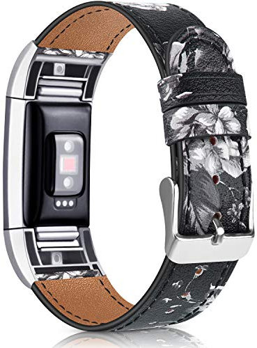 Vancle Kompatibel für Fitbit Charge 2 Armband, Klassisch Echt Lederarmband Ersatzarmband für Fitbit Charge 2 (Grau Blume)