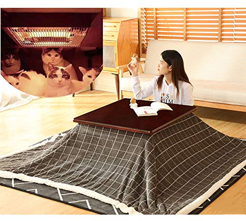 FMXYMC Kotatsu-Tisch, beheizter Tisch mit japanischem Herd, Tatami-Heizung aus massivem Holz, quadratischer Futon-Tisch (4-teiliger Tisch/Bettdecke/Teppich/Heizung),Black Walnut Table