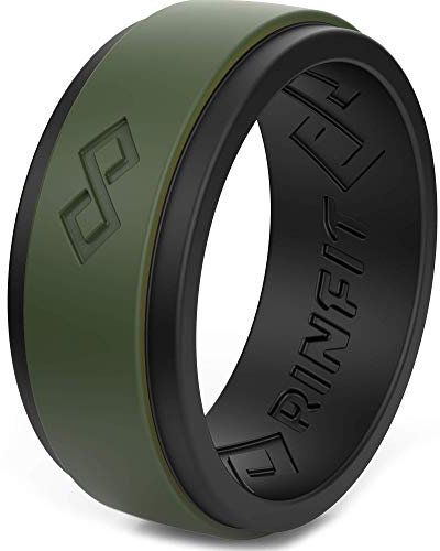 Rinfit Silicone Rings for Men Step Design, Men's Silicone Engagement Bands.(Black & Army Green, Size 12)