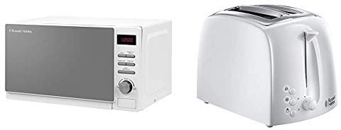 Russell Hobbs RHM2079A 20 L 800 W White Digital Solo Microwave with 5 Power Levels, Automatic Defrost, 8 Auto Cook Menus, Clock & Timer, Easy Clean & Hobbs 21640 Textures 2-Slice Toaster, White
